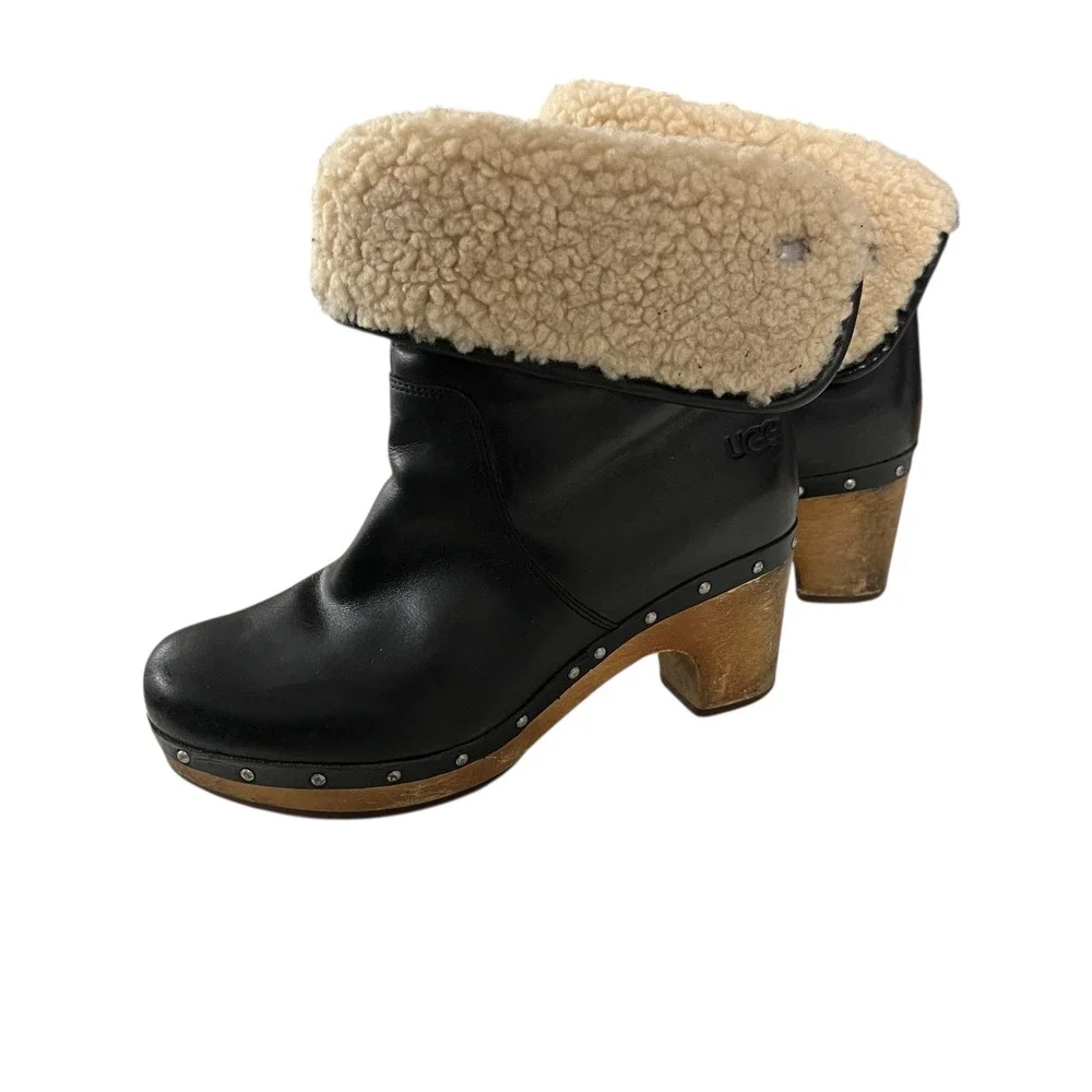UGG Lynnea 1958 Shearling Clog Boots –‎ Black Leather Wood Heel Size 7